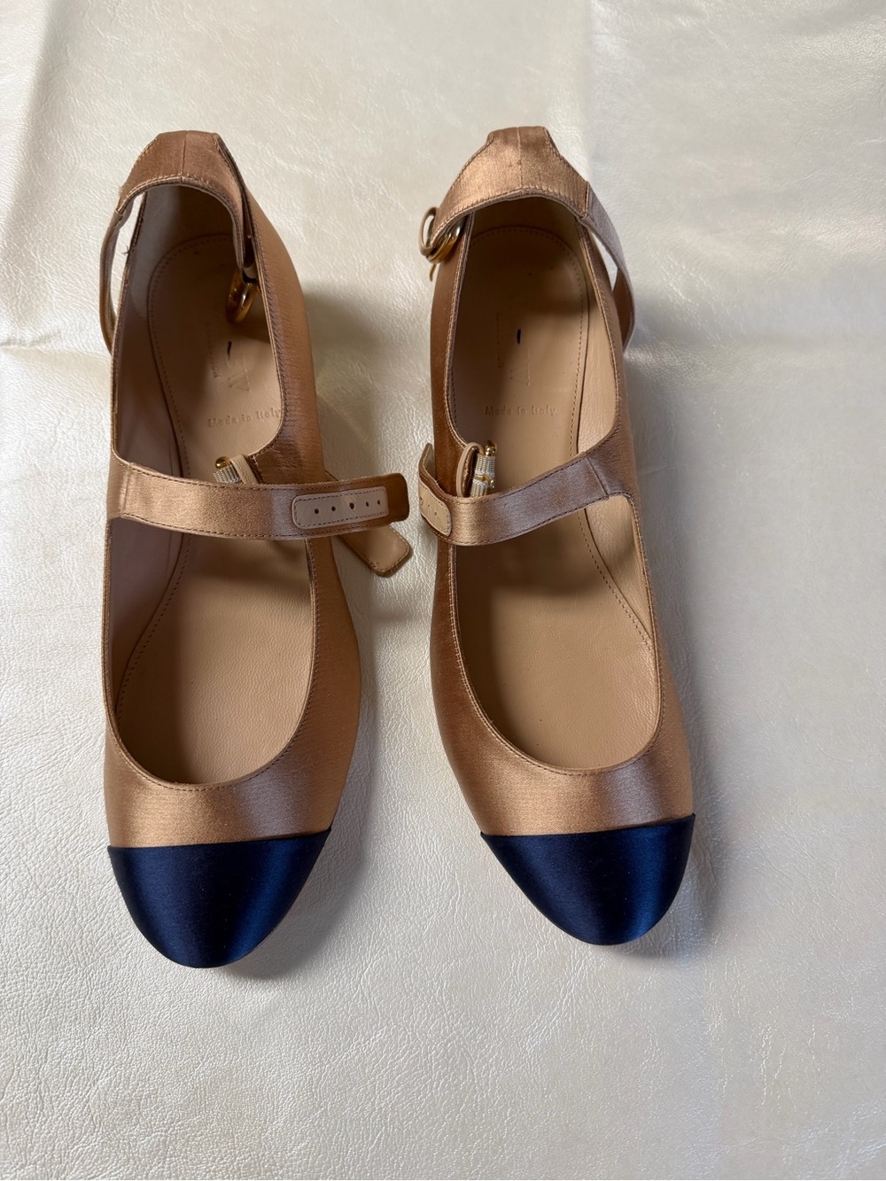 J. Crew Collection Bronze Satin Mary Janes with Navy Cap Toe